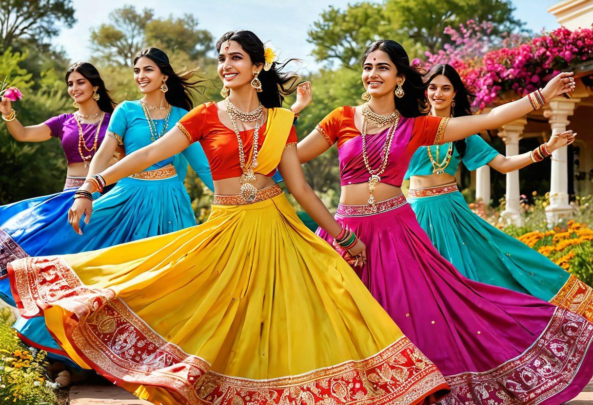 A vibrant summer landscape depicting traditional Indian clothing in bright colors, featuring women joyfully twirling in flowing fabrics adorned with intricate patterns, surrounded by blooming flowers and sunshine. Include elements like colorful bangles and floral jewelry to enhance cultural symbolism. Capture a sense of transformation and positivity from sorrow to joy. vibrant colors. super-realistic.