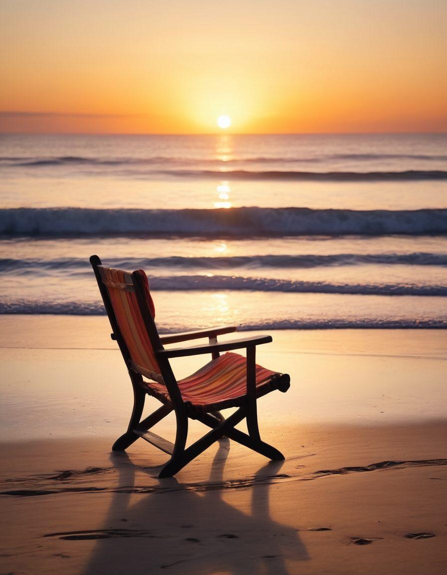 A serene beach scene at sunset, featuring a stylish array of vibrant beachwear draped delicately on a weathered wooden chair. Gentle waves lap at the shore, with an atmosphere of nostalgia and tranquility. Soft, warm tones dominate the sky, casting a dreamy glow over the scene, reflecting the theme of comfort and melancholy. A lone figure strolls along the beach, enhancing the sense of solitude and introspection. super-realistic. vibrant colors. soft focus.